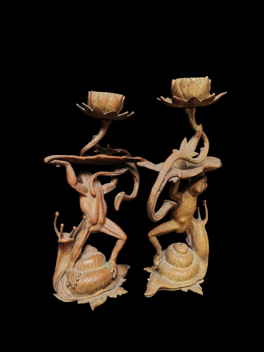 Frog and snail brass candle holders